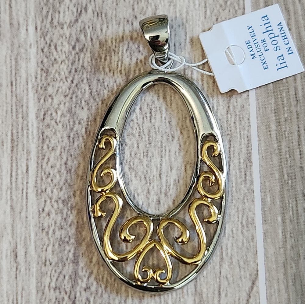 Lia Sophia Cyrano Two-Tone Pendant Oval Scroll Design Gold Silver NWT Retired